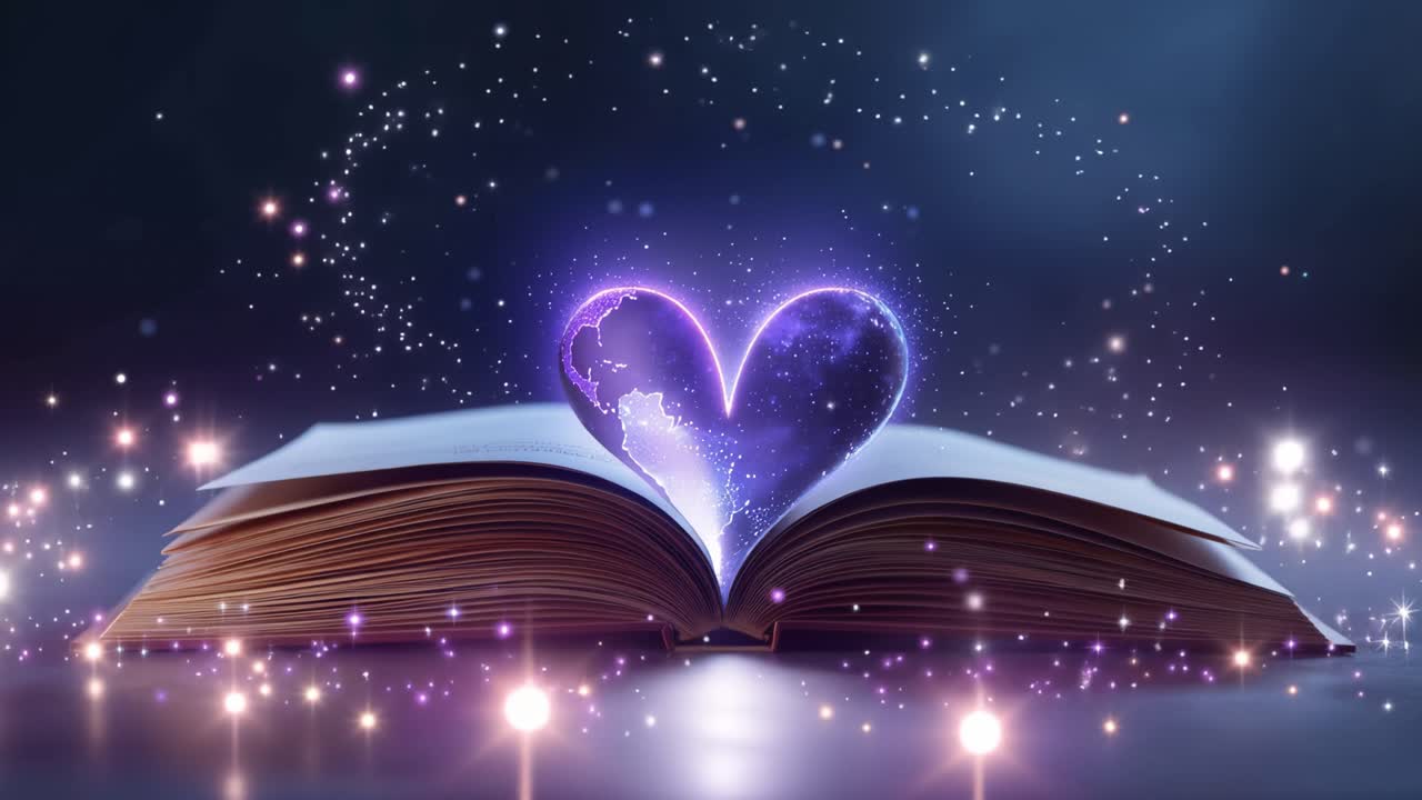 Un libro antico emette scintillii luminosi a forma di cuore. Una luce soffusa si irradia dalle pagine aperte, proiettando un bagliore delicato. Scintillii magici fluttuano verso l'alto, formando un cuore radioso. Ideale per contenuti romantici, spirituali