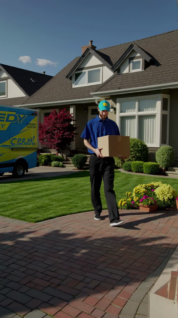 Low-angle video frame of a delivery person in uniform holding a package in front of a suburban