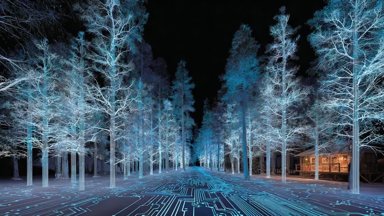 En surrealistisk vision af en futuristisk skovsti oplyst af glødende træer og kredsløbsmønstre, der blander natur med teknologi i et fortryllende nattelandskab