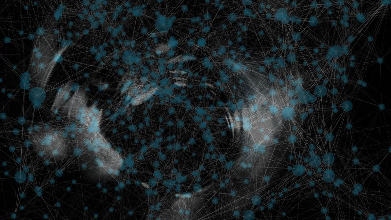 Digital network nodes appearing linking before curving inward around vortex to represent data flow