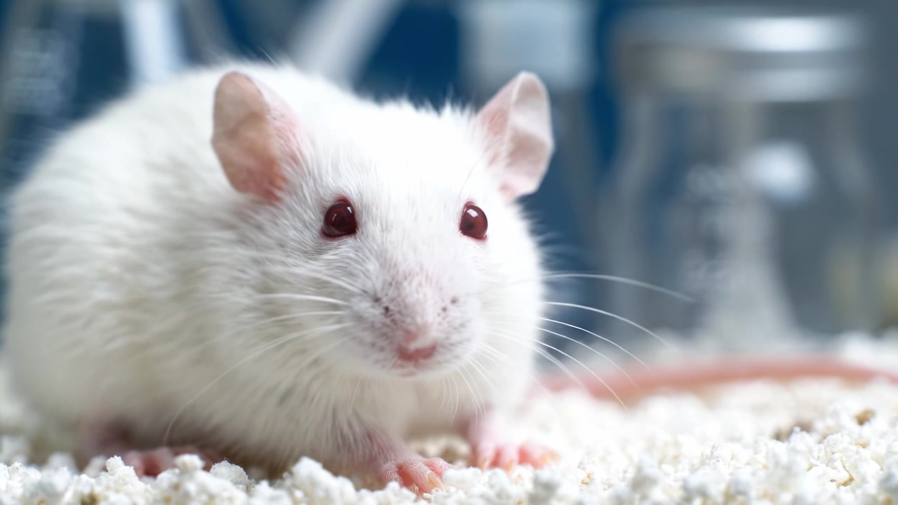 Viste ravvicinate di un topo da laboratorio bianco: osservazione del comportamento naturale in un ambiente controllato per scopi di ricerca.