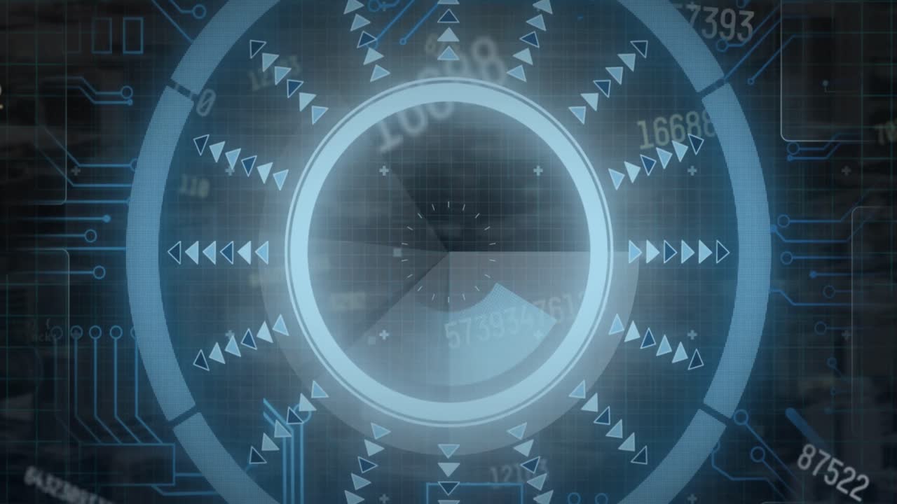 마이크로프로세서 연결에 대항하여 둥근 스캐너와 여러 번 변하는 숫자의 애니메이션