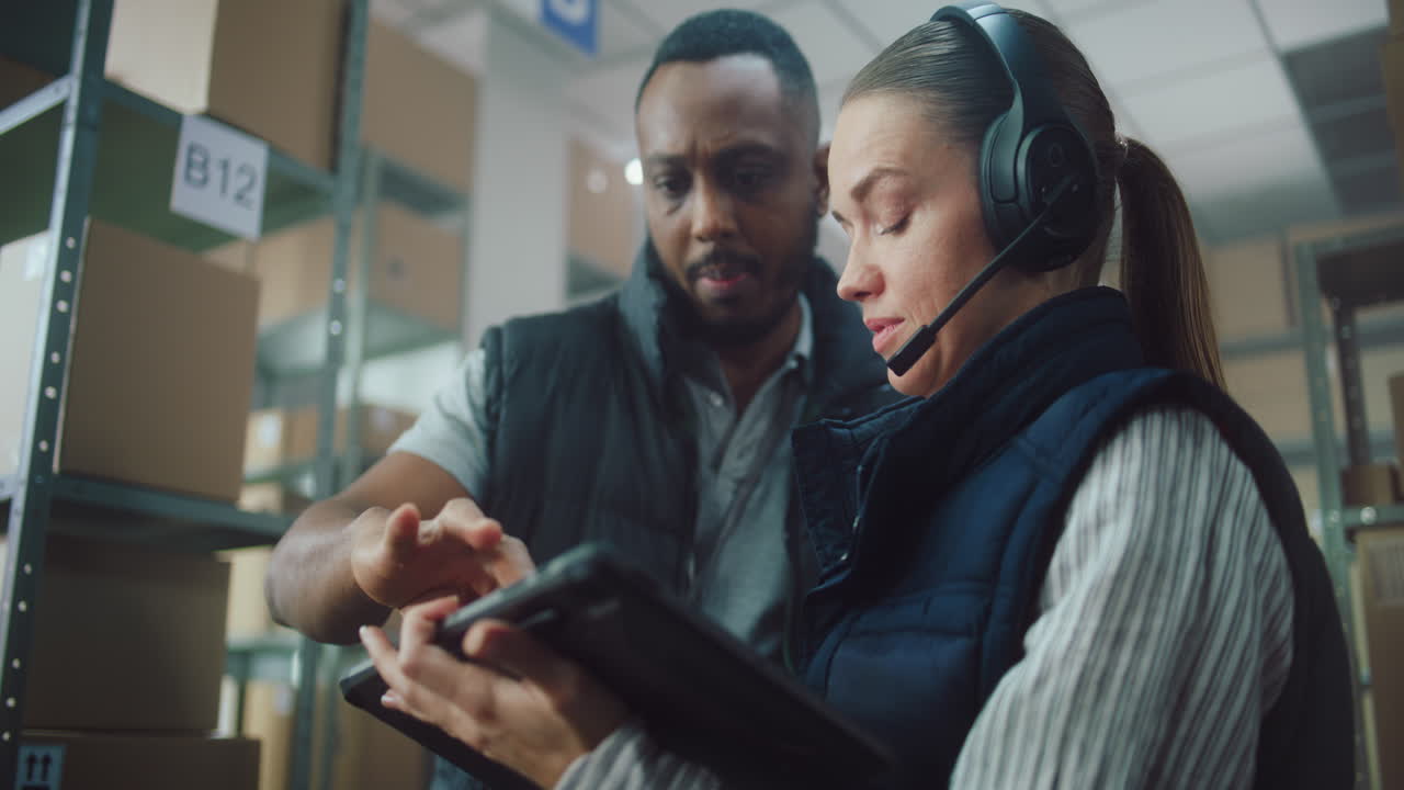 Warehouse Team Discussing Inventory on Tablet