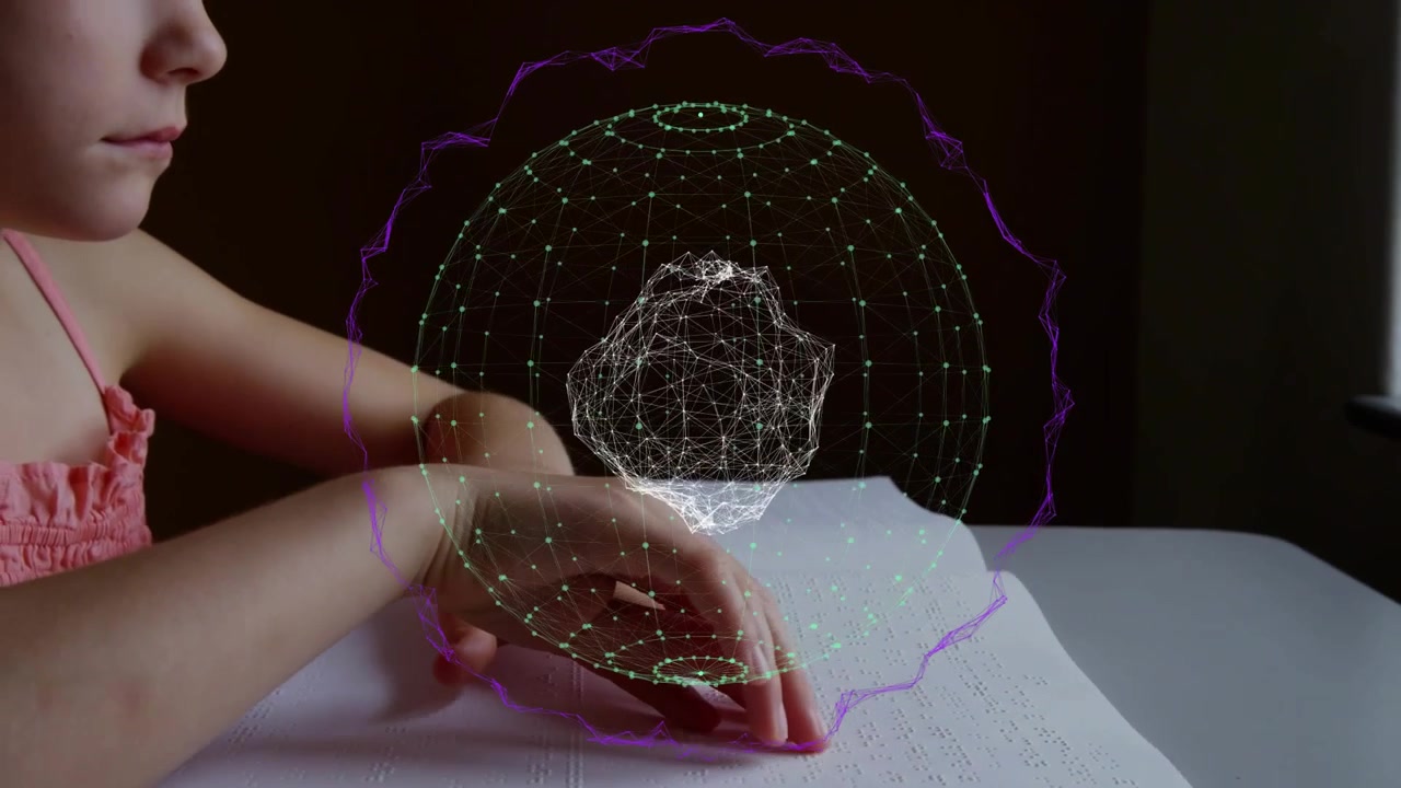 Child placing hands on Braille book initiating holographic globe forming above page for learning