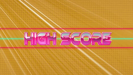 Animation-of-high-score-text-banner-over-light-trails-against-yellow-background