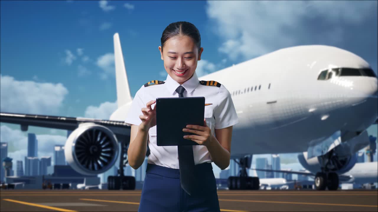 배경 에 비행기 와 함께 공항 에 서 있는 태블릿 을 사용 하는 아시아 여성 조종사