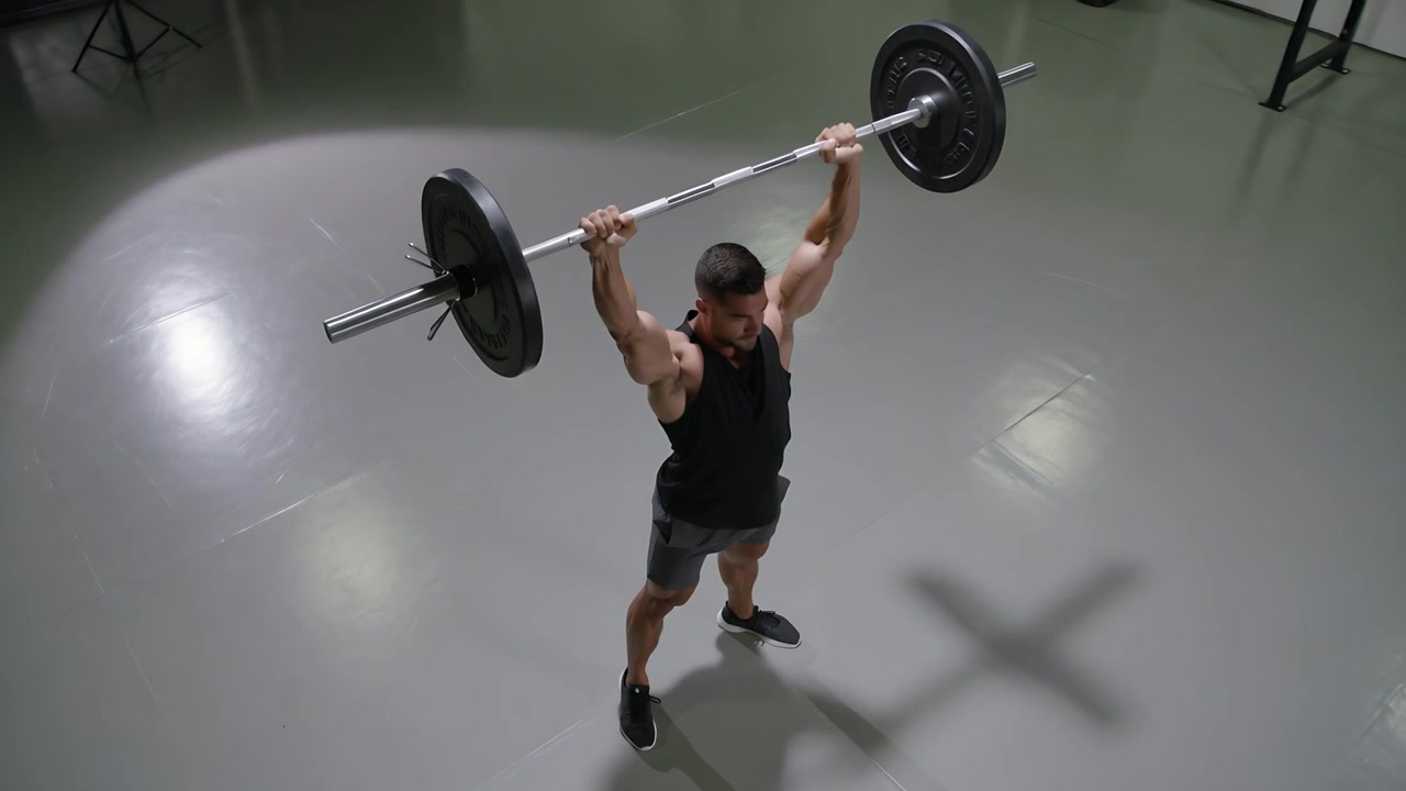 バーベルを握り、黒いタンクトップとグレーのショートパンツを履いた男性が、光の下で力強くスクワットをして頭上に押し上げている。