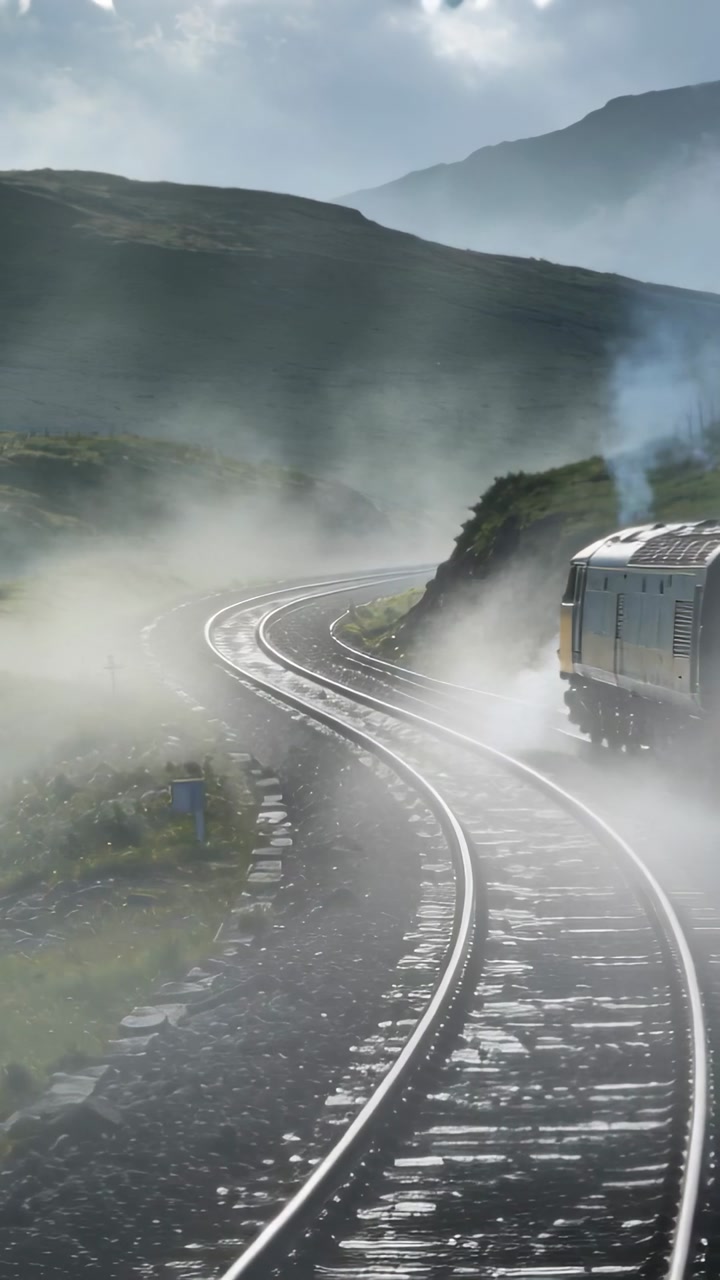 Locomotive moving along S-curve tracks, motion causing steam rising and fog clearing for travel ad