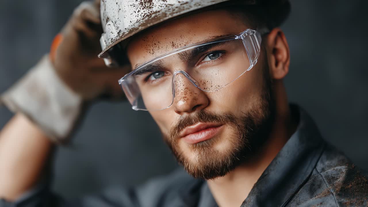 Determined Worker in Protective Gear: A Close-Up Capture of a Handsome Male Construction Worker with Dirt and Sweat, Embodying Hard Work and Dedication