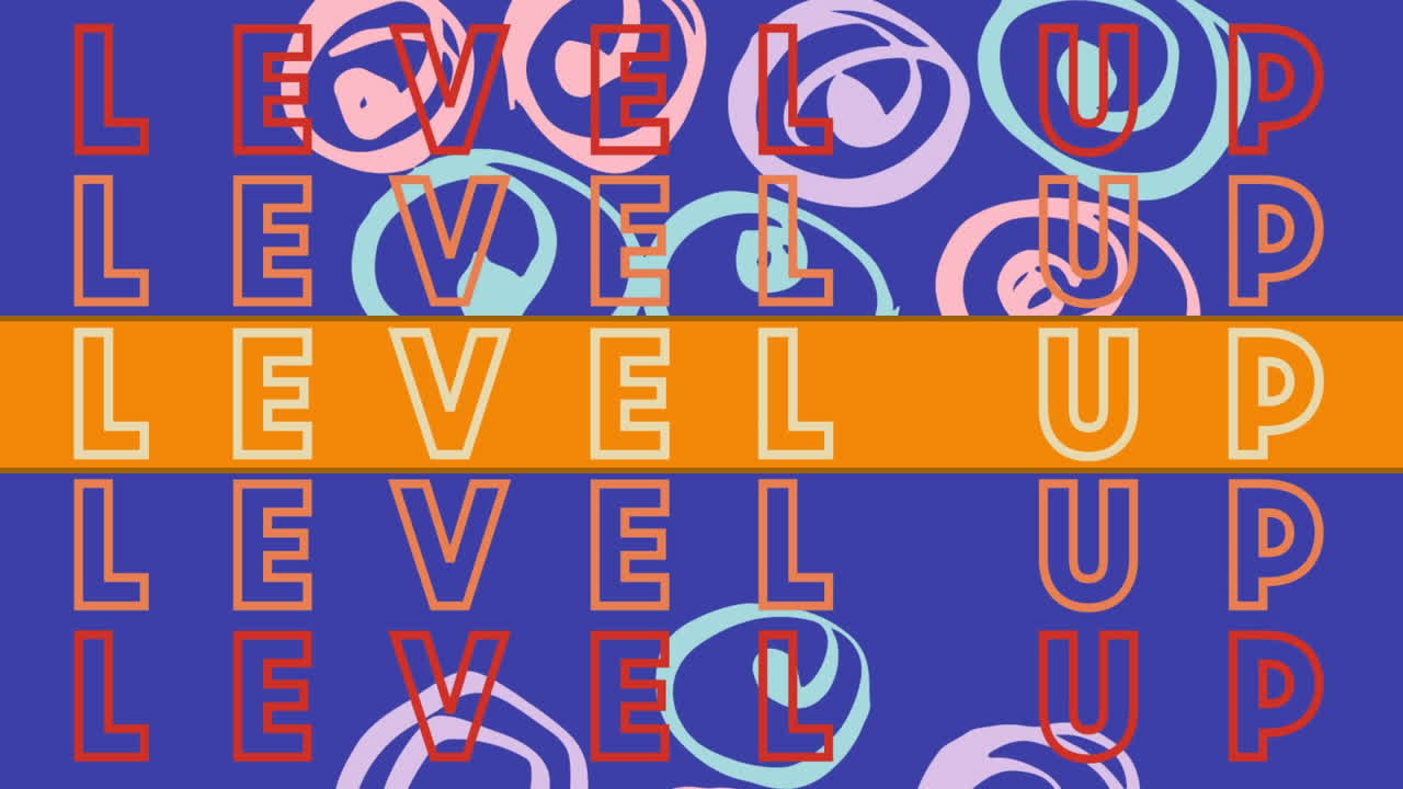 Digital animation of level up text against colorful abstract shapes on blue background