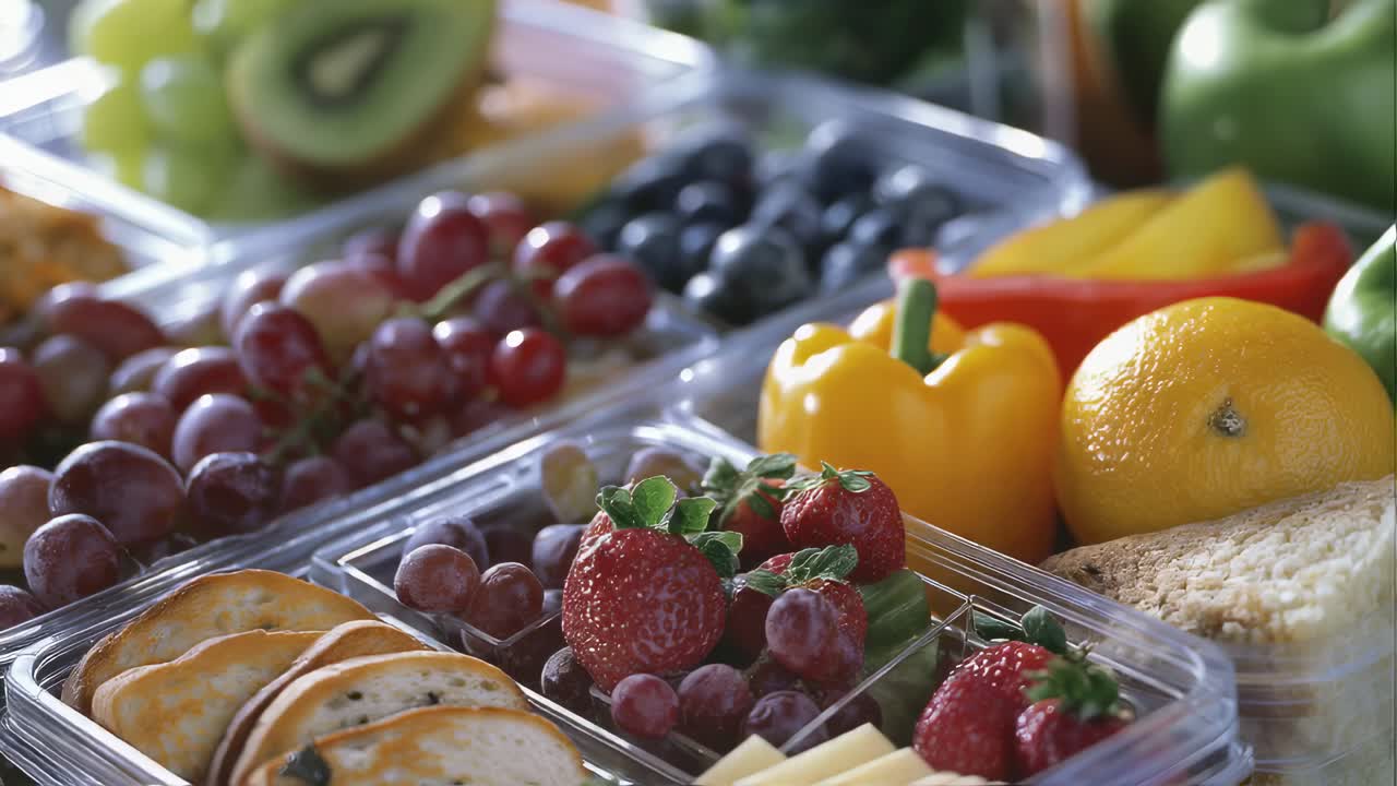 Colorful healthy snacks carefully arranged in clear plastic containers on wooden surface, featuring fruits, cheese, crackers for picnic or catering preparation