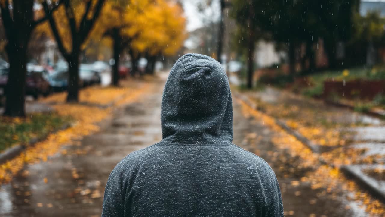 Una figura solitaria con una felpa grigia cammina lungo una strada bagnata dalla pioggia e fiancheggiata da vivaci foglie autunnali, intensificando l'atmosfera suggestiva della tranquilla scena urbana