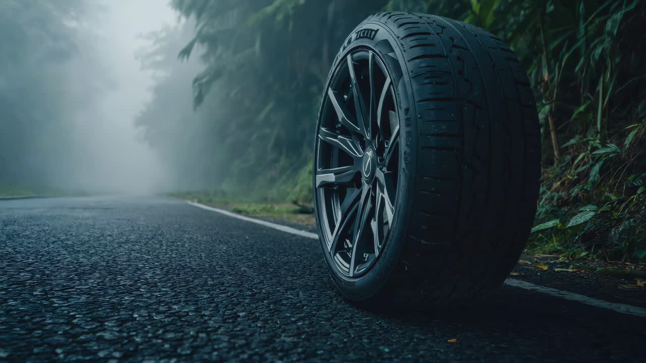 Pneu de Carro Rolando em uma Estrada Molhada e Nebulosa