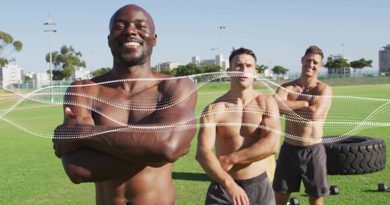 Video verticale: Uomo in primo piano che si gira, fa un passo e attraversa a comando per una pubblicità di fitness, con forma d'onda su uomini e attrezzatura.