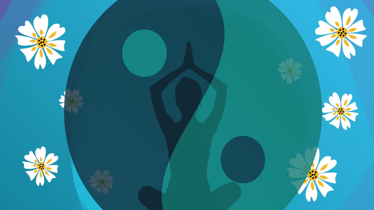 animación de la silueta de una mujer meditando sobre las flores