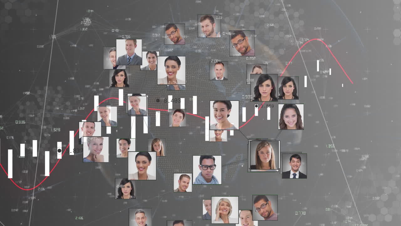animación del procesamiento de datos financieros de la bolsa de valores con una red formada por fotos de personas