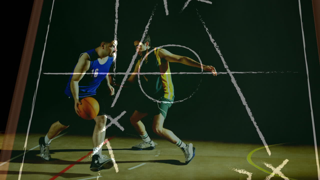 Basketball players in action with strategy diagram animation over scene