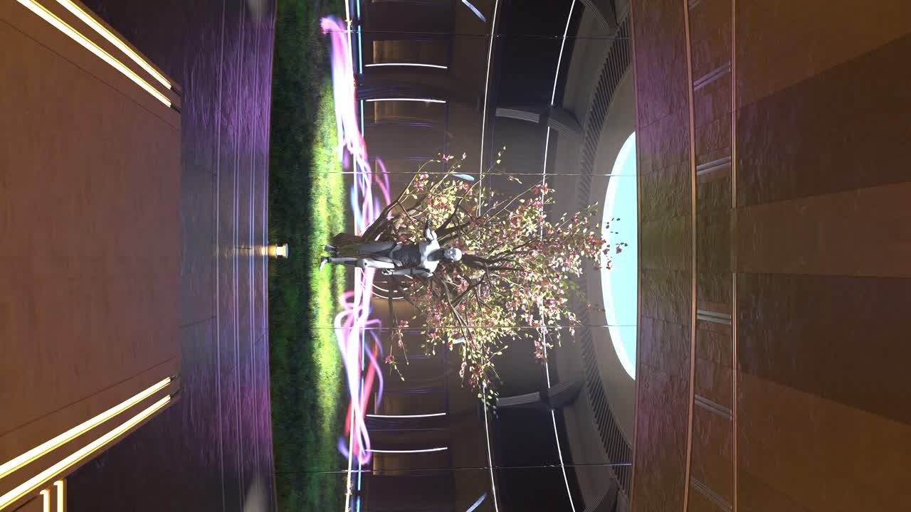 현대 오픈 스페이스 스튜디오의 중간에 서있는 휴머노이드 프로토타입 사이보그, 3d 렌더링 애니메이션 수직으로 에너지 흐름