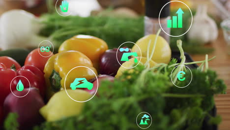 Eco-friendly icons overlaying fresh vegetables, highlighting sustainability concepts