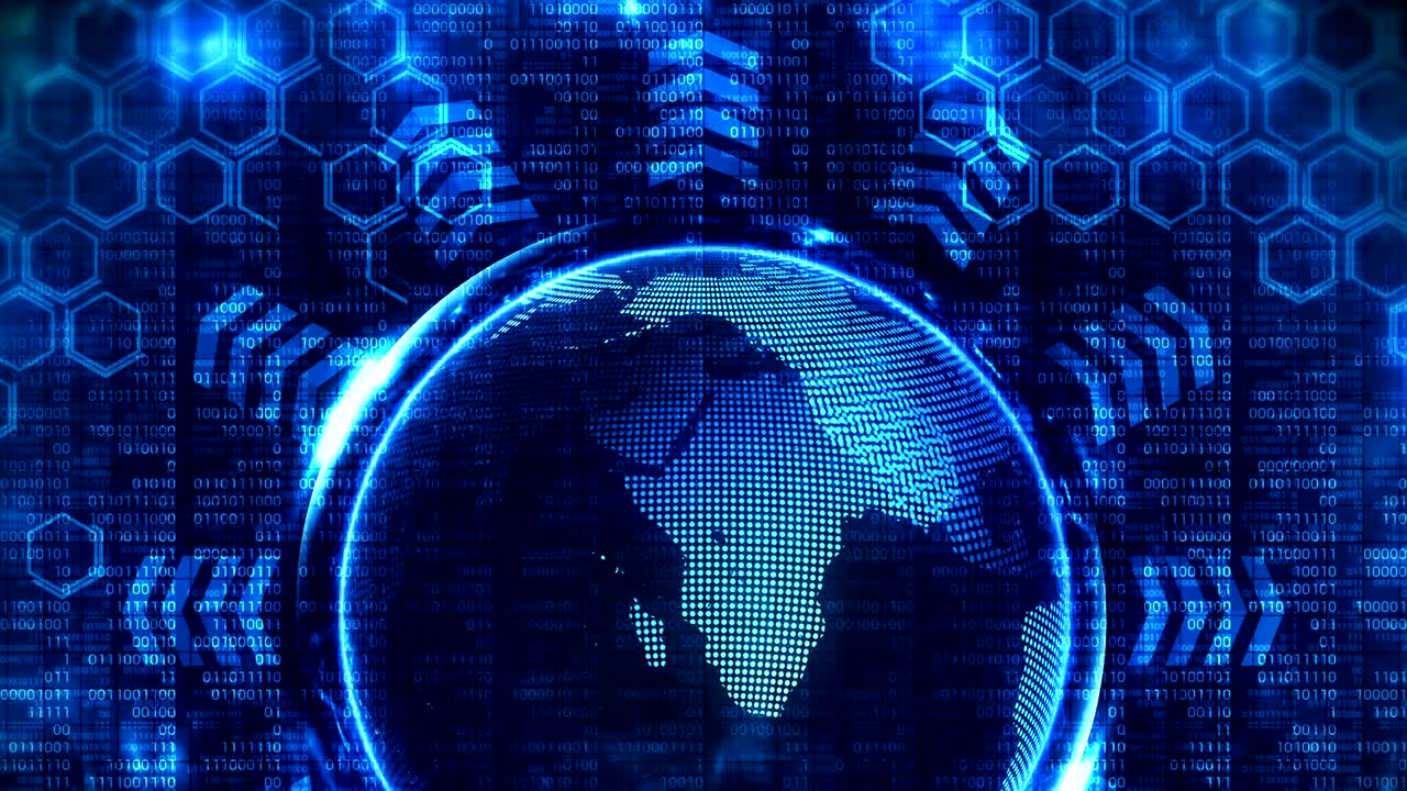 Earth globe 3d with business high tech background. Graph arrow loop animation. Hexagon geometric design and binary numbers background.