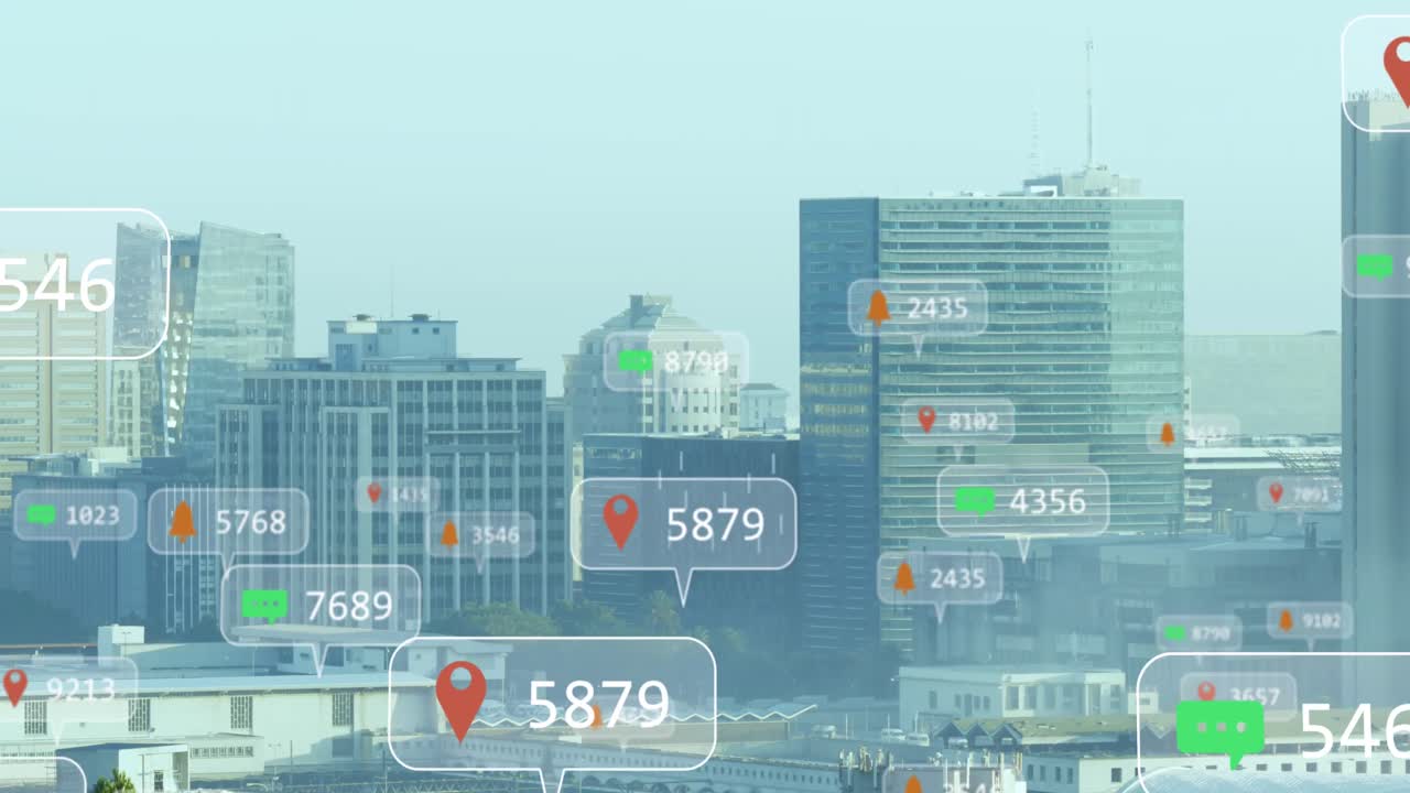 소셜 미디어 아이콘의 애니메이션과 도시 풍경에 대한 데이터 처리