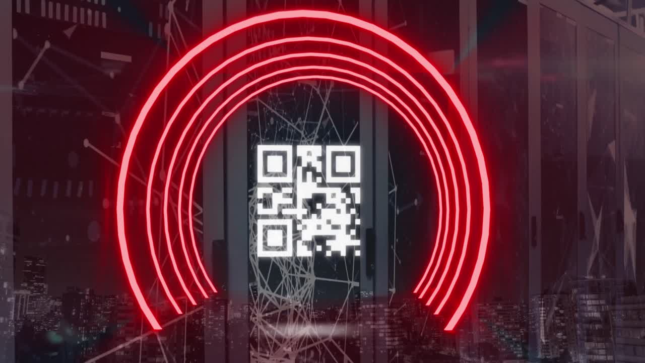 animación de semicírculos rojos con código qr, conexión de red contra el paisaje urbano