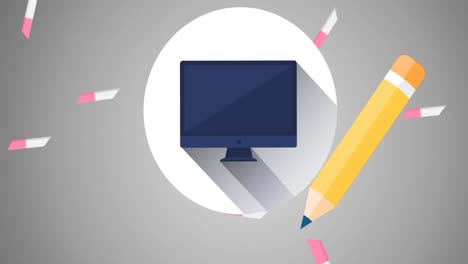 animación de los iconos de los artículos escolares que se mueven sobre un fondo gris