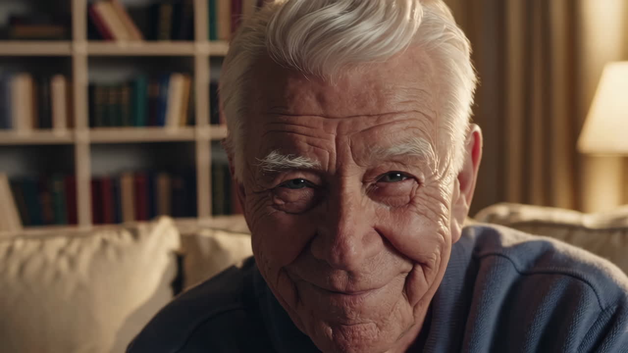 Close-up portrait of a smiling elderly man at home