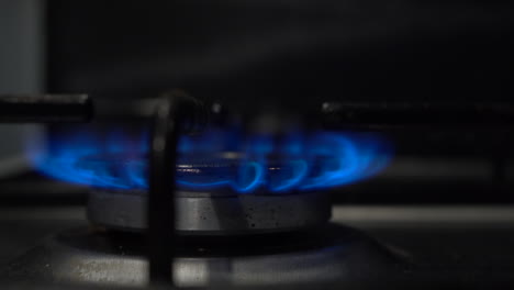 closeup: distant hand turns gas stove knob, ignites blue flame burner