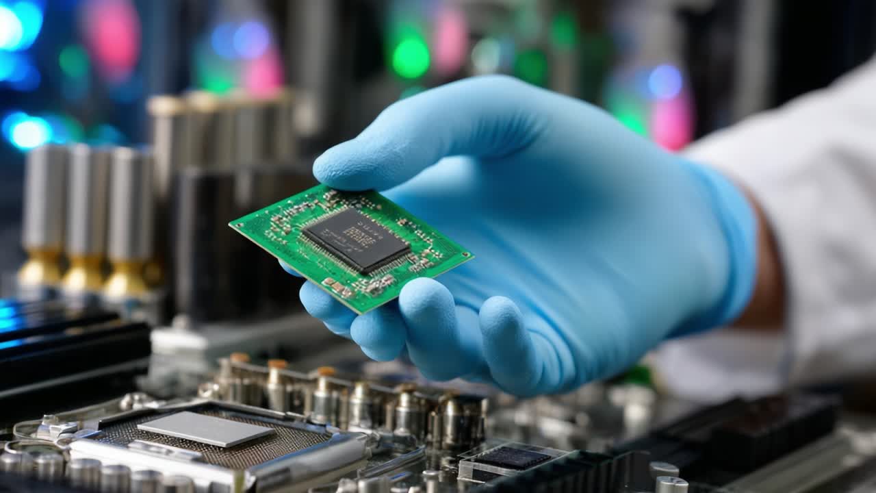 A skilled technician holds a computer chip in a laboratory setting, showcasing a precise moment of technological innovation where intricate electronics meet expert handling, reflecting the essence of modern computing