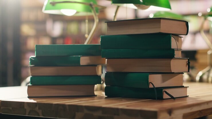 Primo piano di libri verdi in pile posizionati su un tavolo in biblioteca sotto lampade verdi.