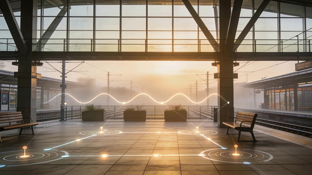 Solen står op og får digitale noder til at pulsere, en bølge bevæger sig hen over togperronen ved plantekasser til transit.
