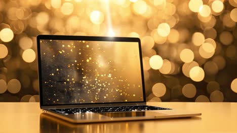 laptop with golden bokeh background and sparkles