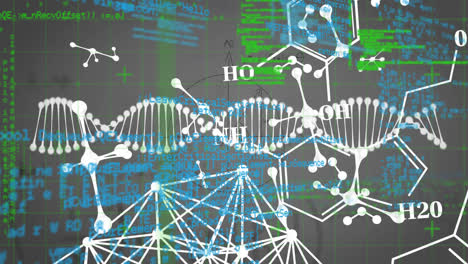 Animation-of-dna-and-molecular-structure-over-data-processing-against-grey-background