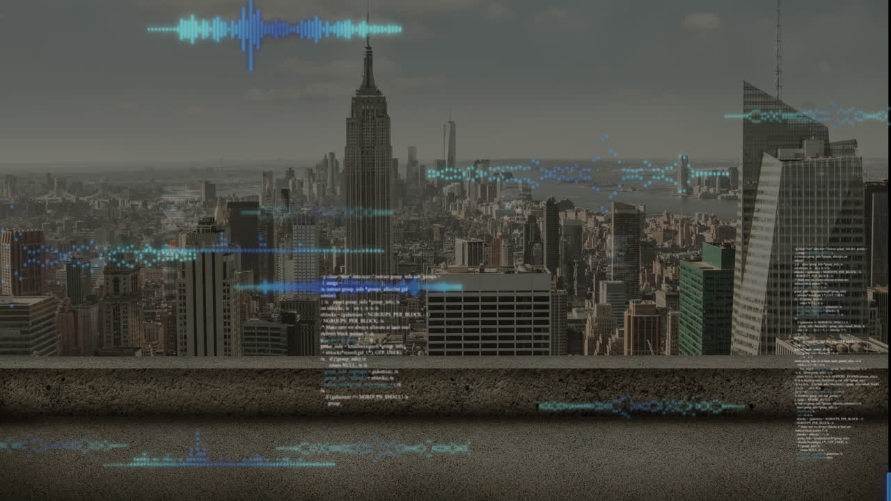 Animation of data processing against aerial view of tall buildings