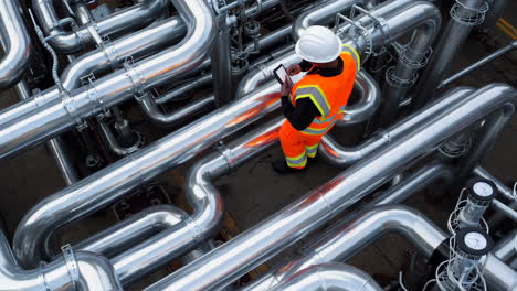 industrial engineer inspecting complex pipe network