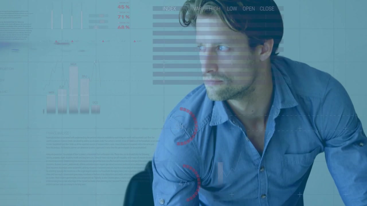 Animation of digital data processing over caucasian man using laptop