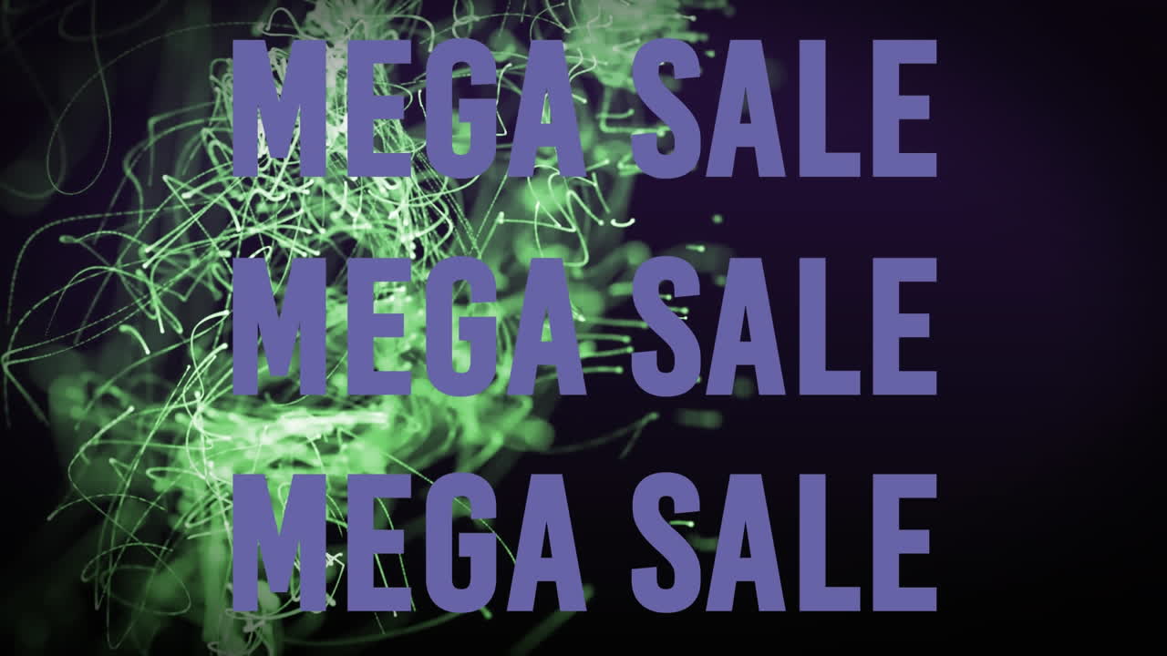 검은색 배경에 움직이는 녹색 파동선 위의 메가 판매 텍스트 배너의 애니메이션