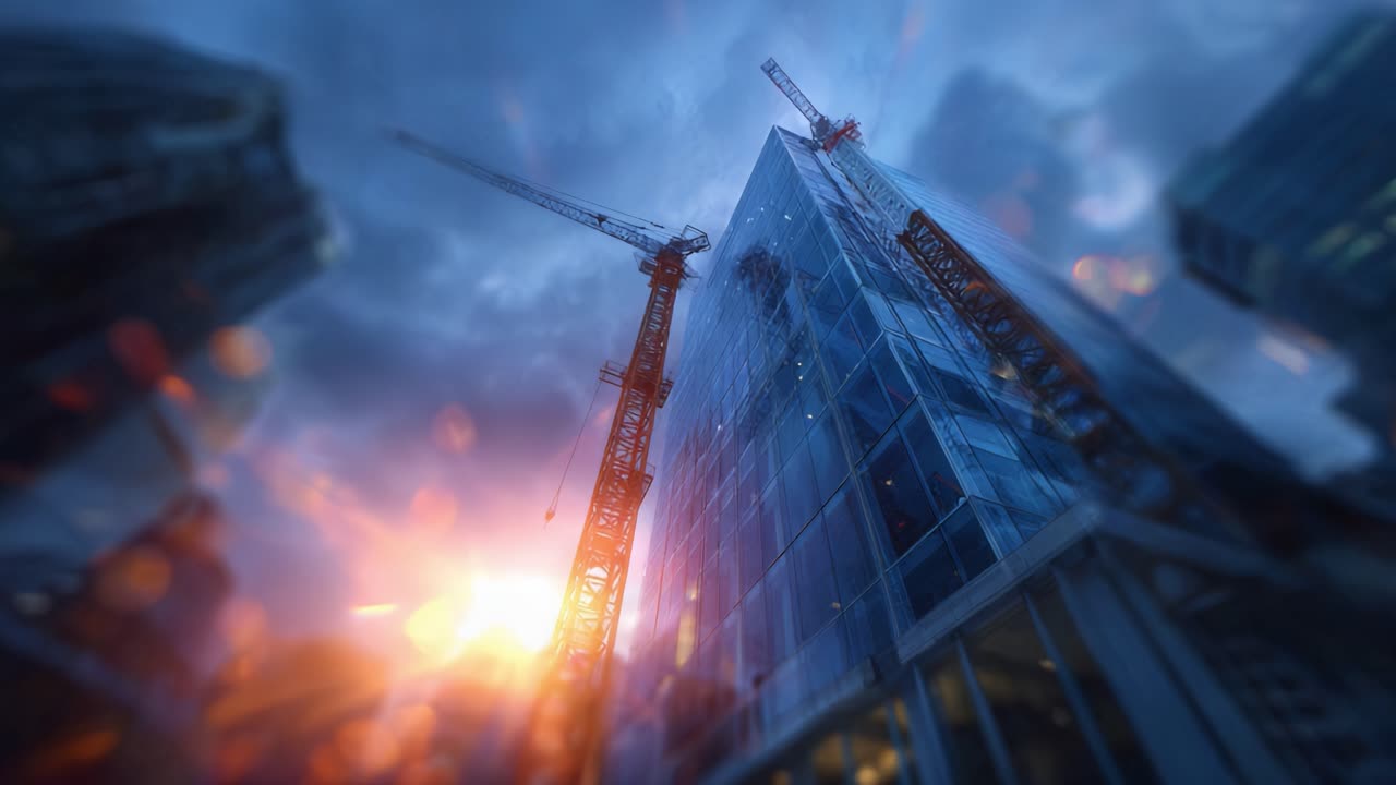 Impressive Construction Progress of a Tall Glass Building at Sunset and Night, Showcasing Tower Cranes and Modern Architecture in Urban Landscape