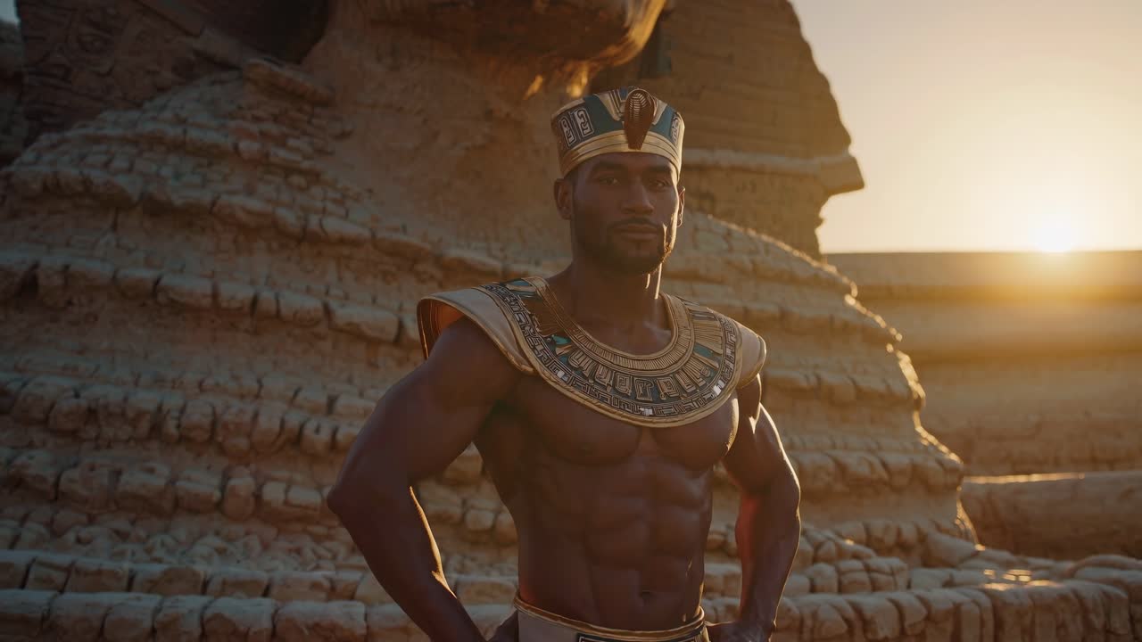 A cinematic video still of an ancient Egyptian figure in traditional attire, shot from a low angle