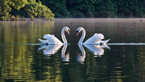 two swans facing each other on a calm lake at sunrise