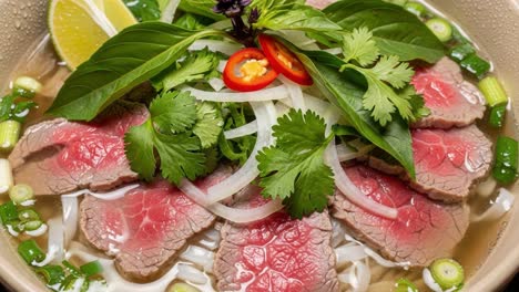 a beautiful presentation of beef pho with fresh herbs, tender beef slices, rice noodles, and flavorful aromatic ingredients in a bowl of delicious broth