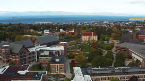 wide angle aerial shot of the beautiful university of vermont campus