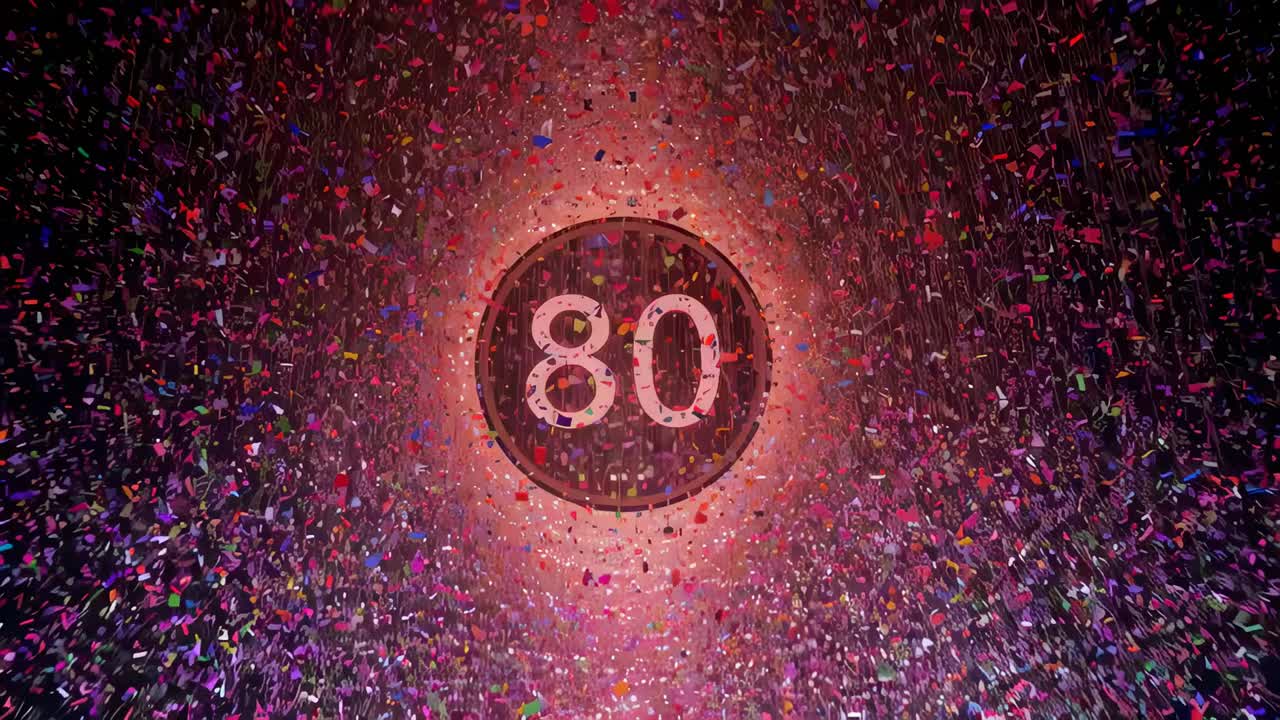 Revealing white numeral 80 in circular disc during animated party, confetti bursting with sparks