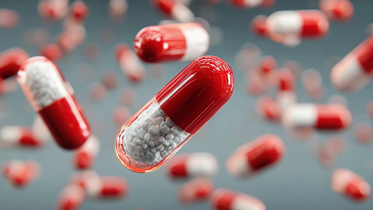 Dynamic Composition of Red and White Capsules in Suspension, Capturing the Essence of Pharmaceuticals and the Intricacies of Medicine