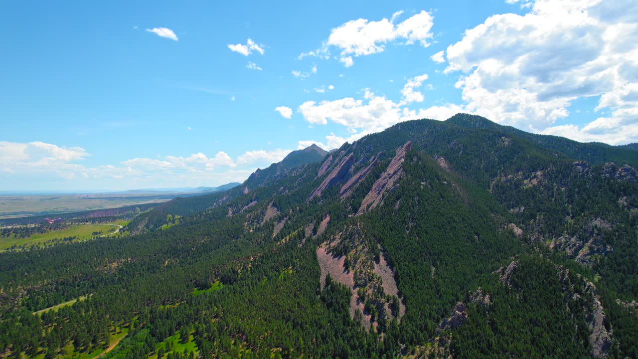 Boulder Flatirons. HD Aerial Drone View Of Famous Green Mountain Rock Formation Recreational Landmark In Western United States Covered In Forest Trees During Beautiful Summer Day