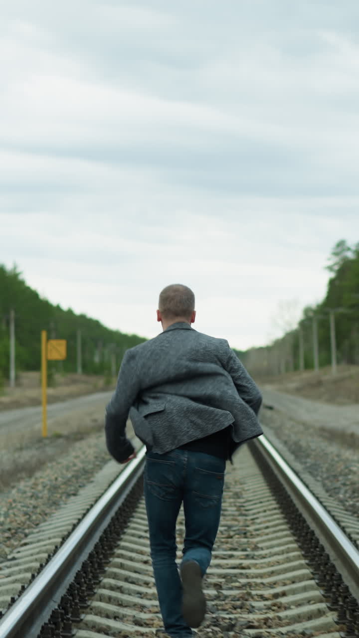 A close view of an aged man running on a railway track while looking back, He is wearing a grey suit, jeans, and canvas shoes, with a view of trees and electric poles