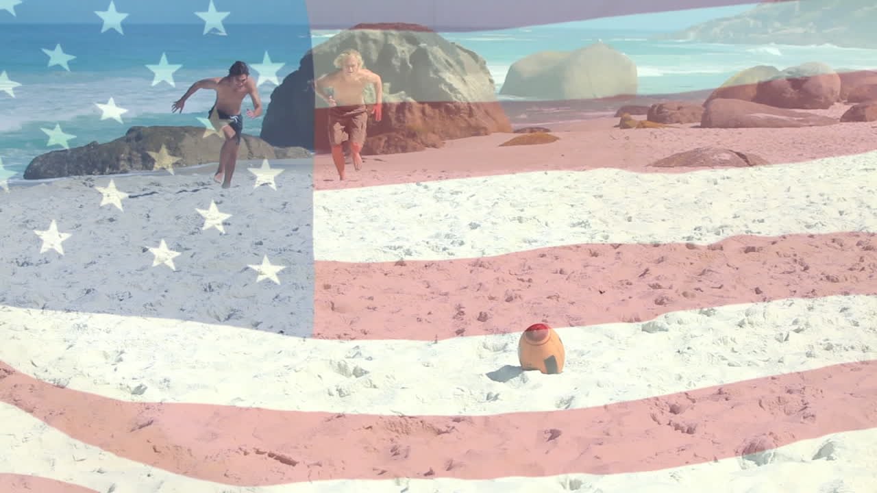 럭비를 하는 남자 들 이 미국  ⁇ 발 을 흔들고 있다