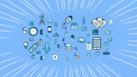 animación de múltiples iconos escolares azules que se mueven sobre un fondo azul