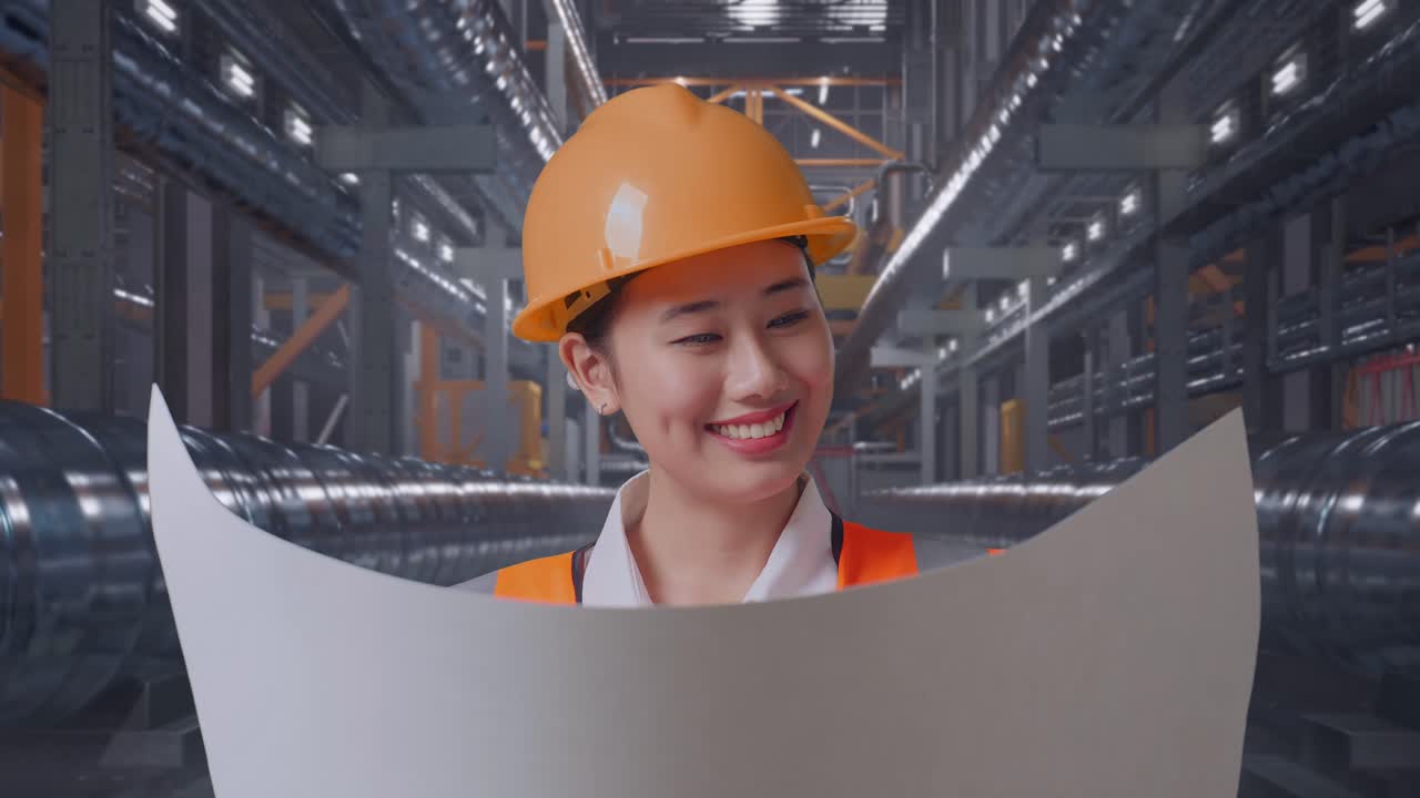 Close Up Of Asian Female Engineer With Safety Helmet Looking At Blueprint In Her Hands And Looking Around While Standing With Metal Pipes